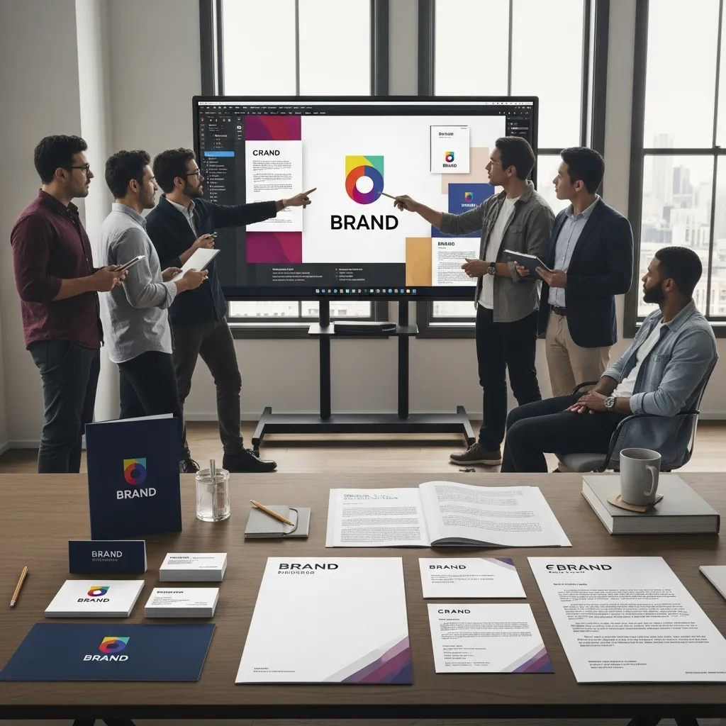 Detailed brand identity creation process showing elements like logo design, color palette, typography, tone of voice, and visual guidelines working together to build a cohesive and recognizable brand