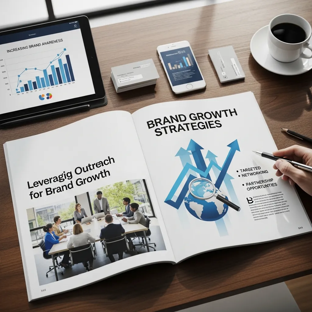 Professional analyzing outreach magazine content for brand development opportunities