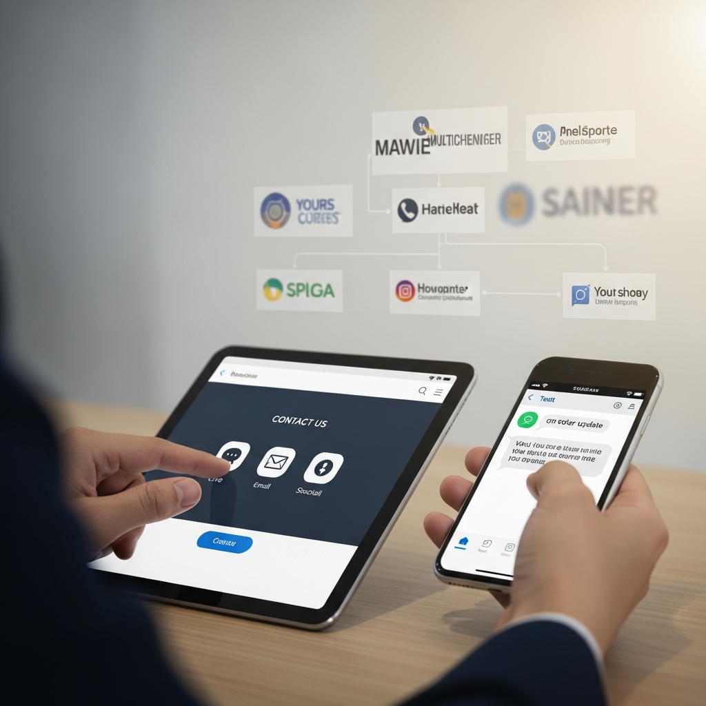 Modern omnichannel marketing infographic illustrating integrating text messaging with an omnichannel strategy, featuring SMS connected with email, social media, CRM systems, mobile apps, customer journey mapping, automated workflows, and engagement analytics in a clean professional digital design.