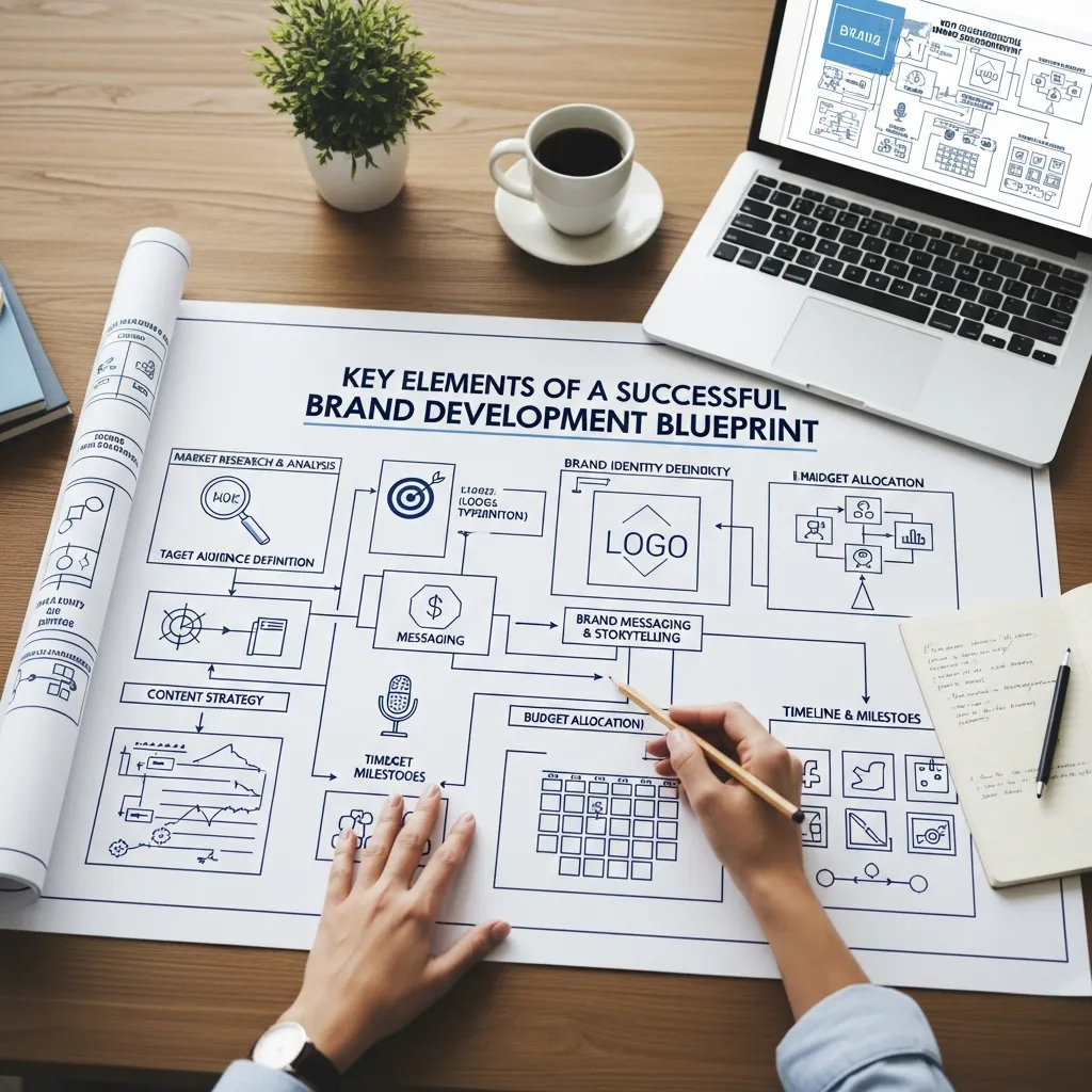 Infographic-style layout highlighting key elements of a successful brand development blueprint, including brand purpose, target audience, market positioning, messaging strategy, visual identity, and consistent customer experience.