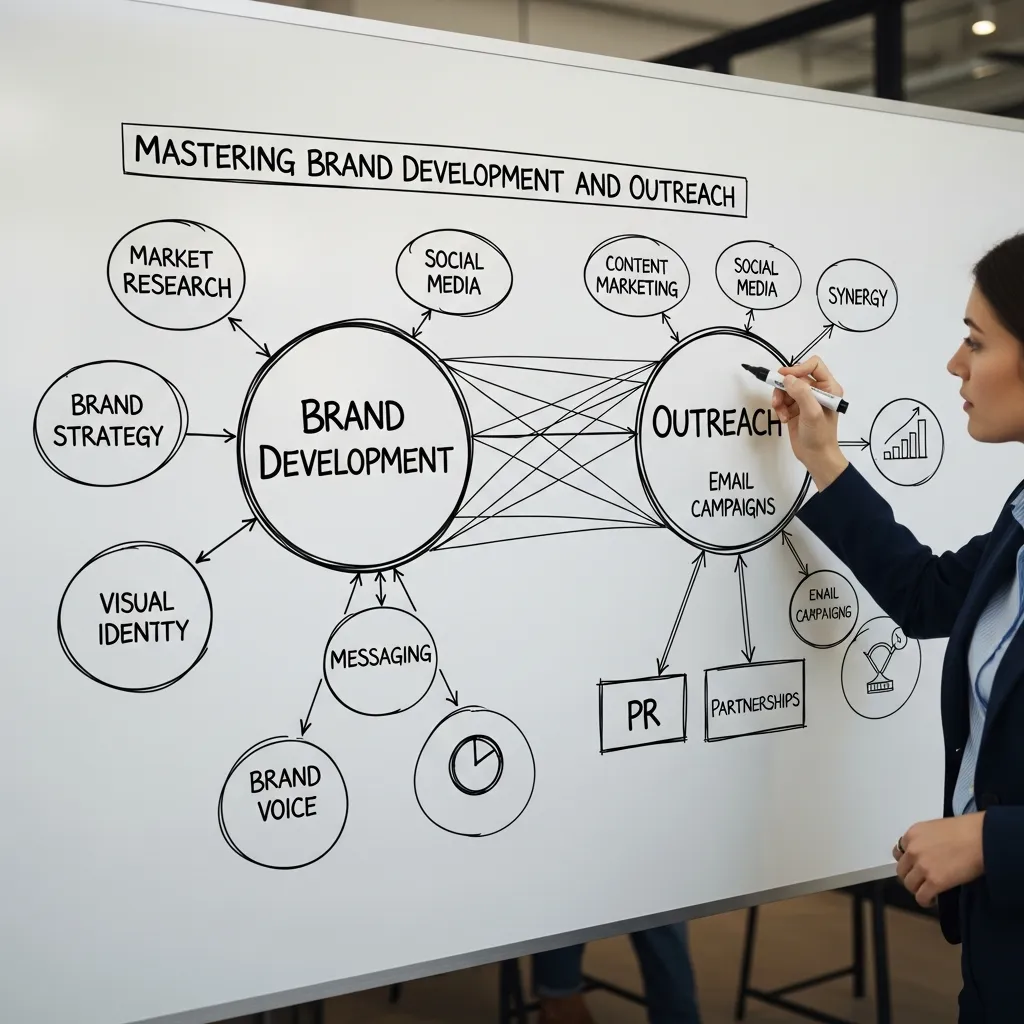 Brand development and outreach strategy with marketing funnel, audience targeting, and digital promotion channels