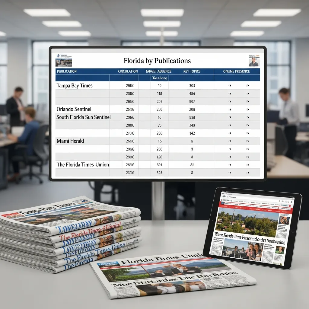 Infographic showing a structured comparison of top Florida publications, highlighting major newspapers and magazines, coverage focus, audience reach, regional influence, editorial style, and digital vs print distribution differences across Florida media outlets.