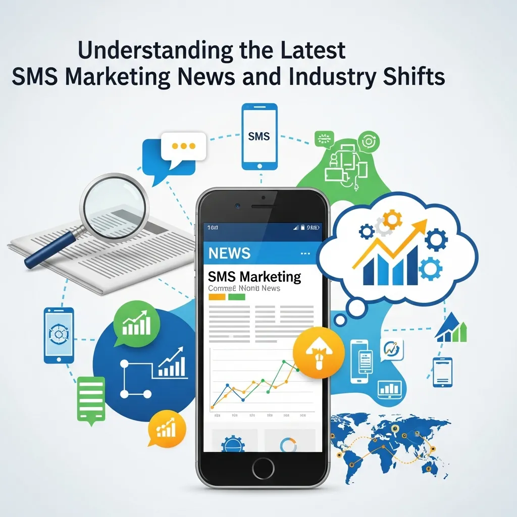 Modern digital marketing infographic illustrating SMS marketing news and industry shifts, featuring evolving messaging regulations, AI-driven personalization, higher engagement rates, mobile-first communication trends, automation tools, and performance analytics dashboards in a clean professional business design.
