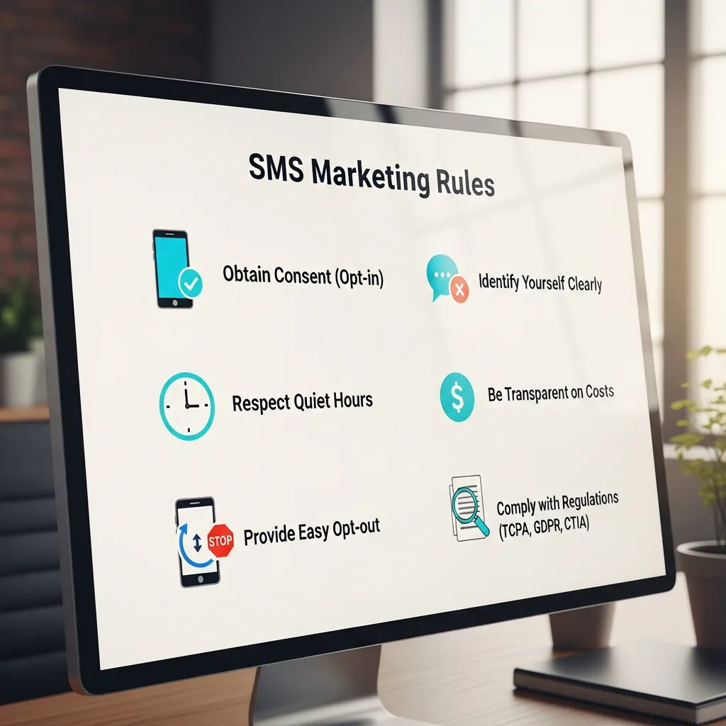 SMS marketing rules concept showing mobile phone, consent checkbox, and compliance checklist