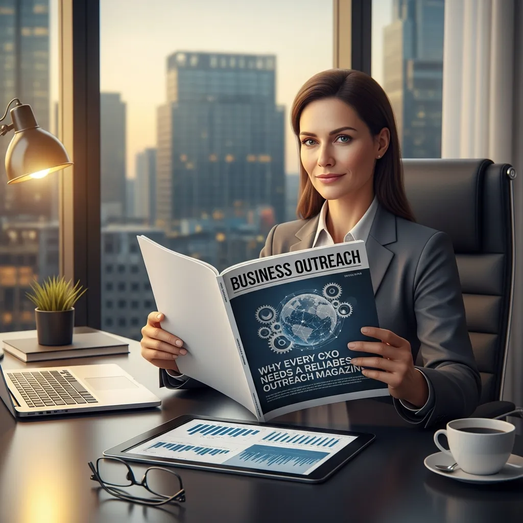 Corporate executive using business outreach magazine for leadership and strategy guidance