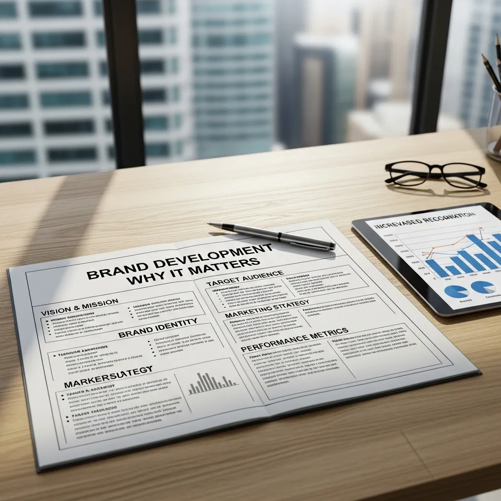 Strategic brand development blueprint diagram showing interconnected elements like target audience, brand identity, messaging, and marketing channels guiding consistent business growth