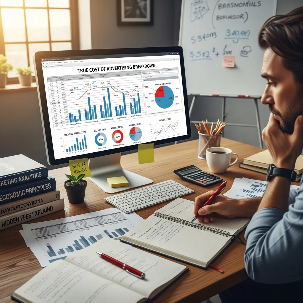 Infographic illustrating the true cost of advertising, showing media spend, production costs, agency fees, digital ad bids, hidden expenses, ROI tracking, conversion rates, and overall campaign performance impact.