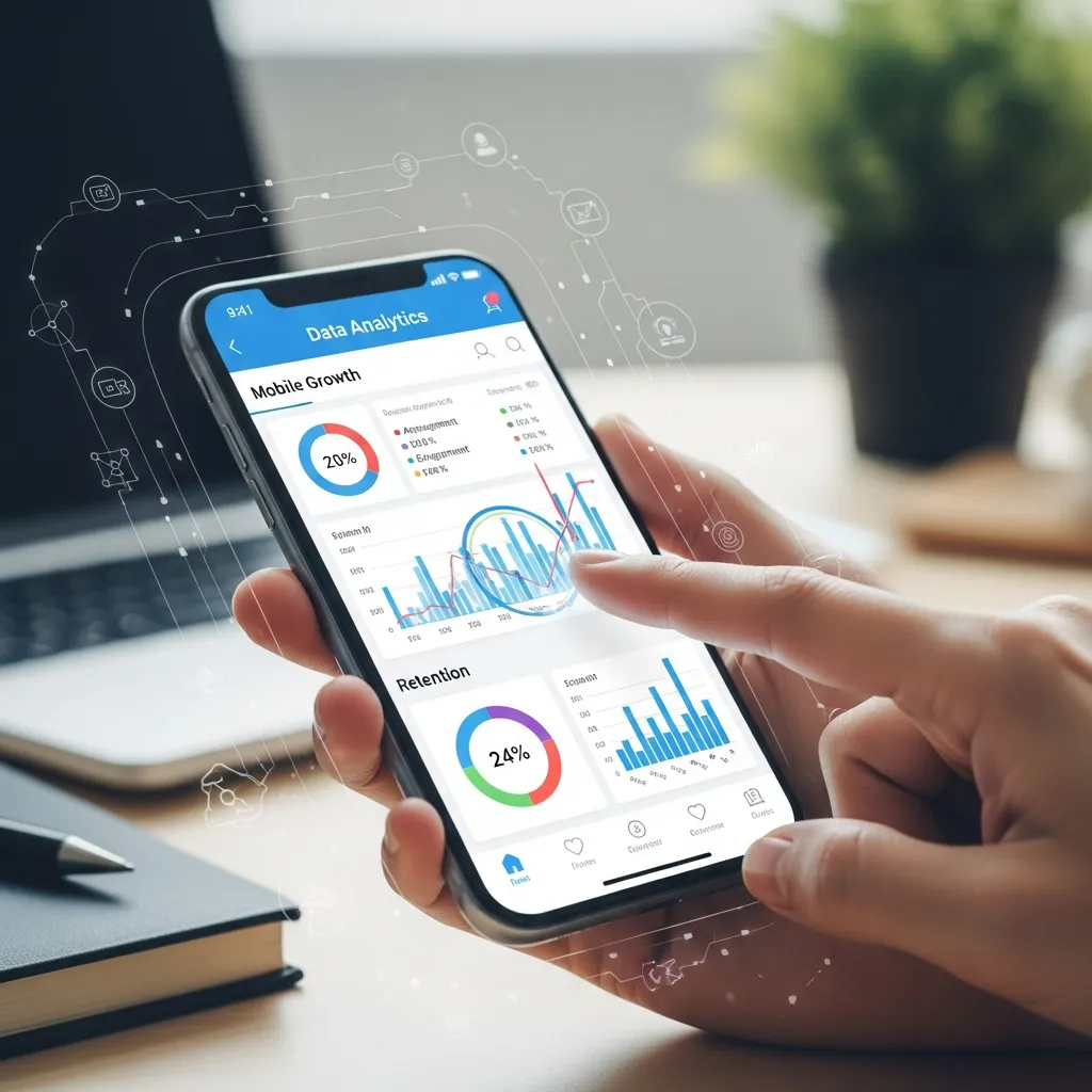 Modern mobile analytics infographic illustrating utilizing analytics to drive mobile growth, featuring user behavior tracking, app performance metrics, conversion funnels, retention analysis, cohort data charts, and growth optimization dashboards in a clean professional tech design.